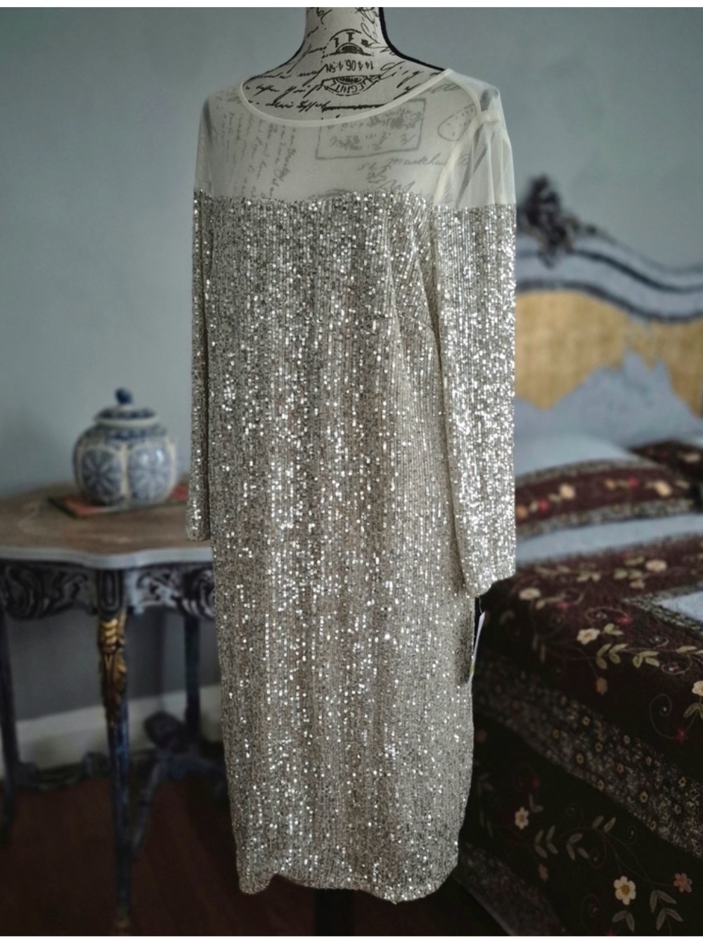 R&M Richards Silver Sequin knee length Dress
